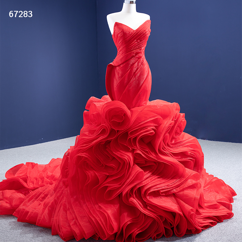 Red ruffles evening dress sexy backless mermaid bridal gown 